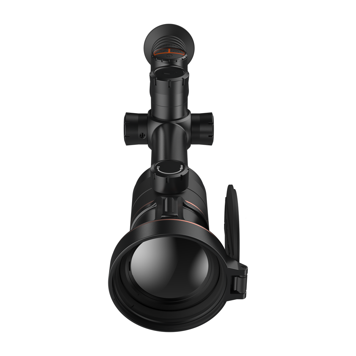 ThermTec Ares 360 2.0 thermal tube scope in black, front end-on view of objective lens and flip cap