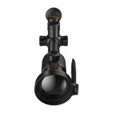 ThermTec Ares 360 2.0 thermal tube scope in black, front end-on view of objective lens and flip cap