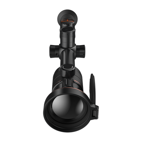 ThermTec Ares 360 2.0 thermal tube scope in black, front end-on view of objective lens and flip cap